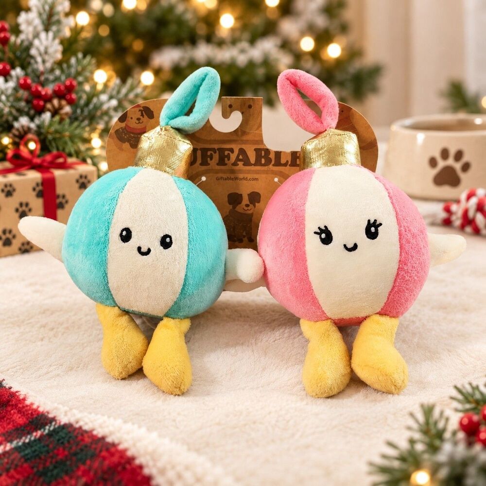Giftable Christmas Ornament Plush Squeaky Dog Toys Pink & Blue Set of 2 New With